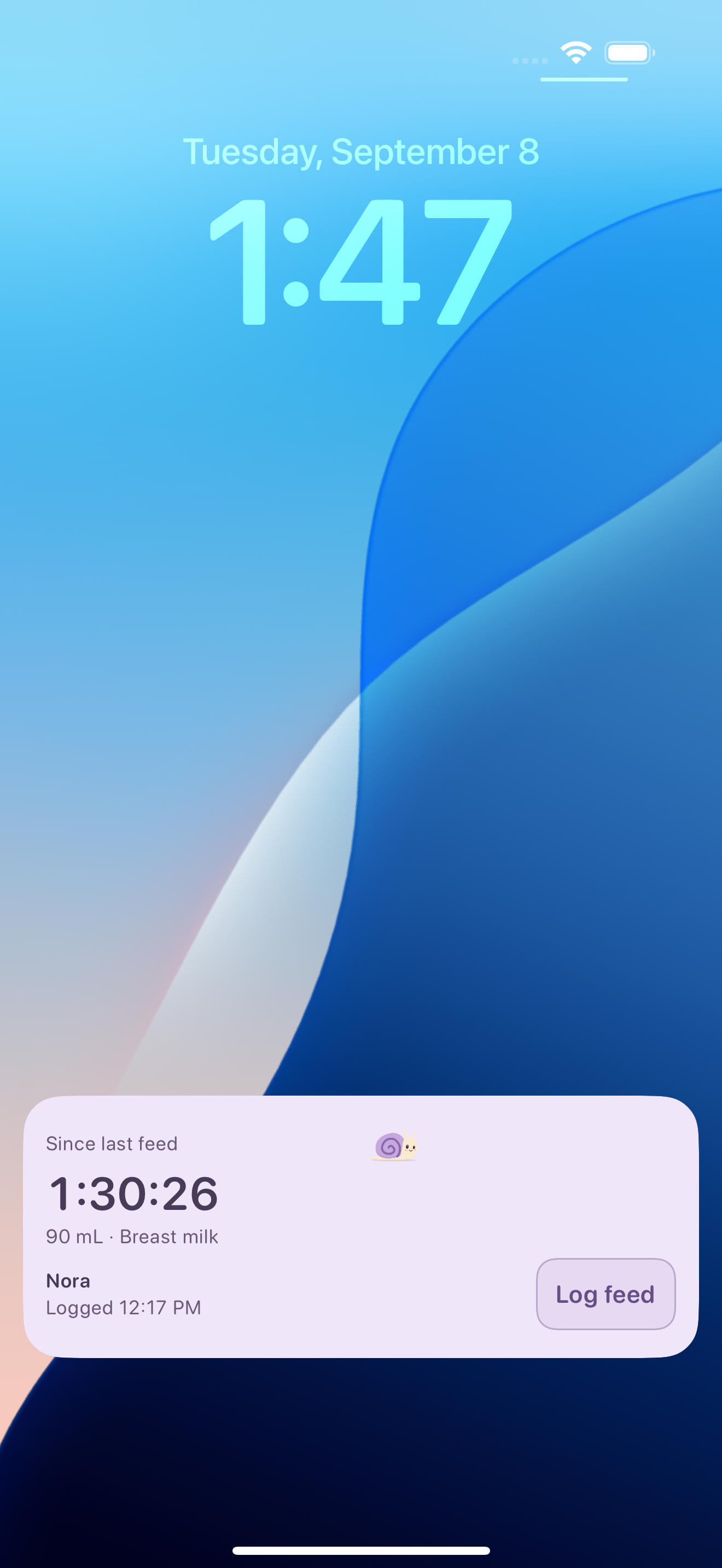 An iPhone Lock Screen with Baby Stats showing one hour and thirty minutes since the last feed and a Log feed action. Demonstration data.